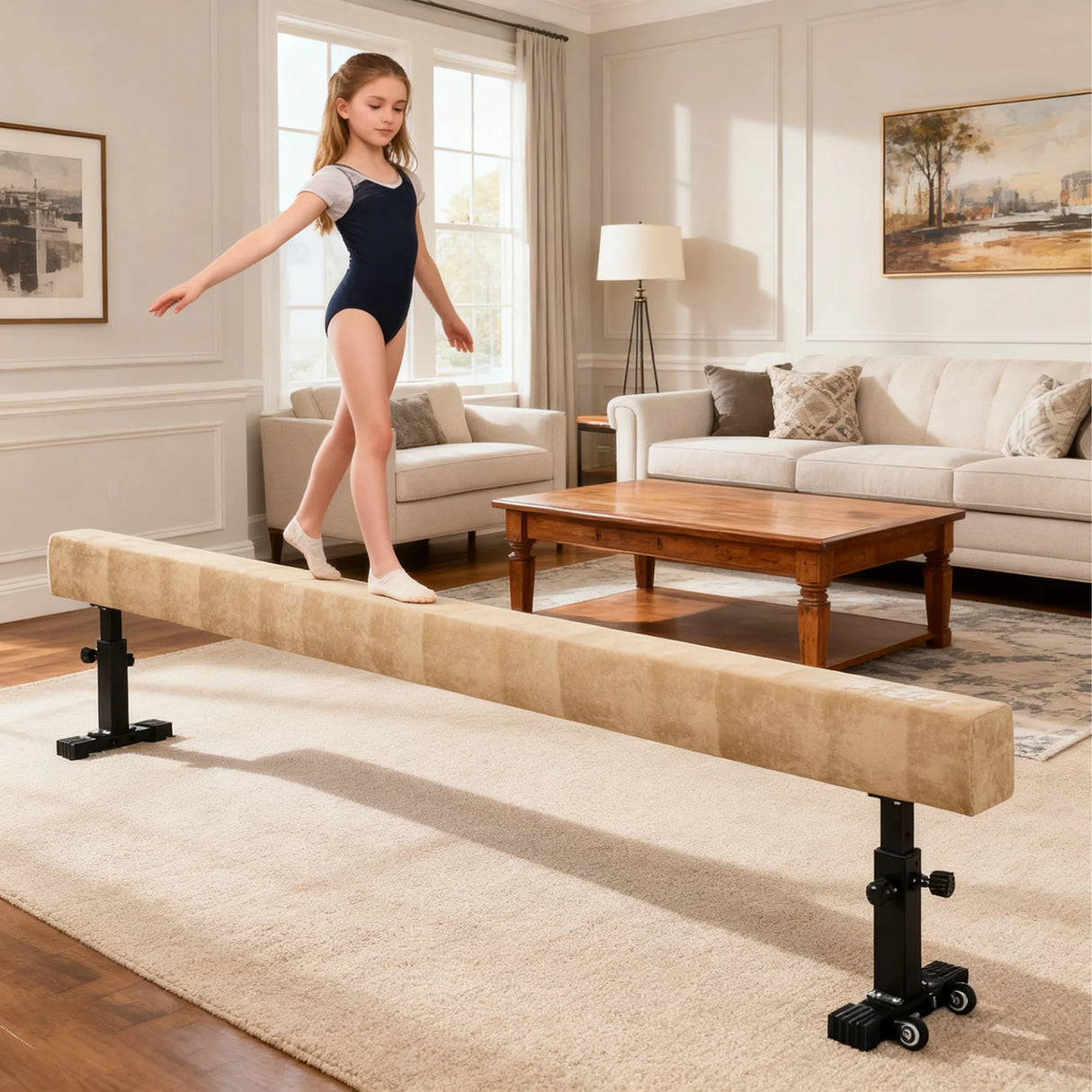 HOMCOM 7.5ft Adjustable Balance Beam, Gymnastics Beam with Wheels, Gymnastics Equipment for 6+ Years Old Training