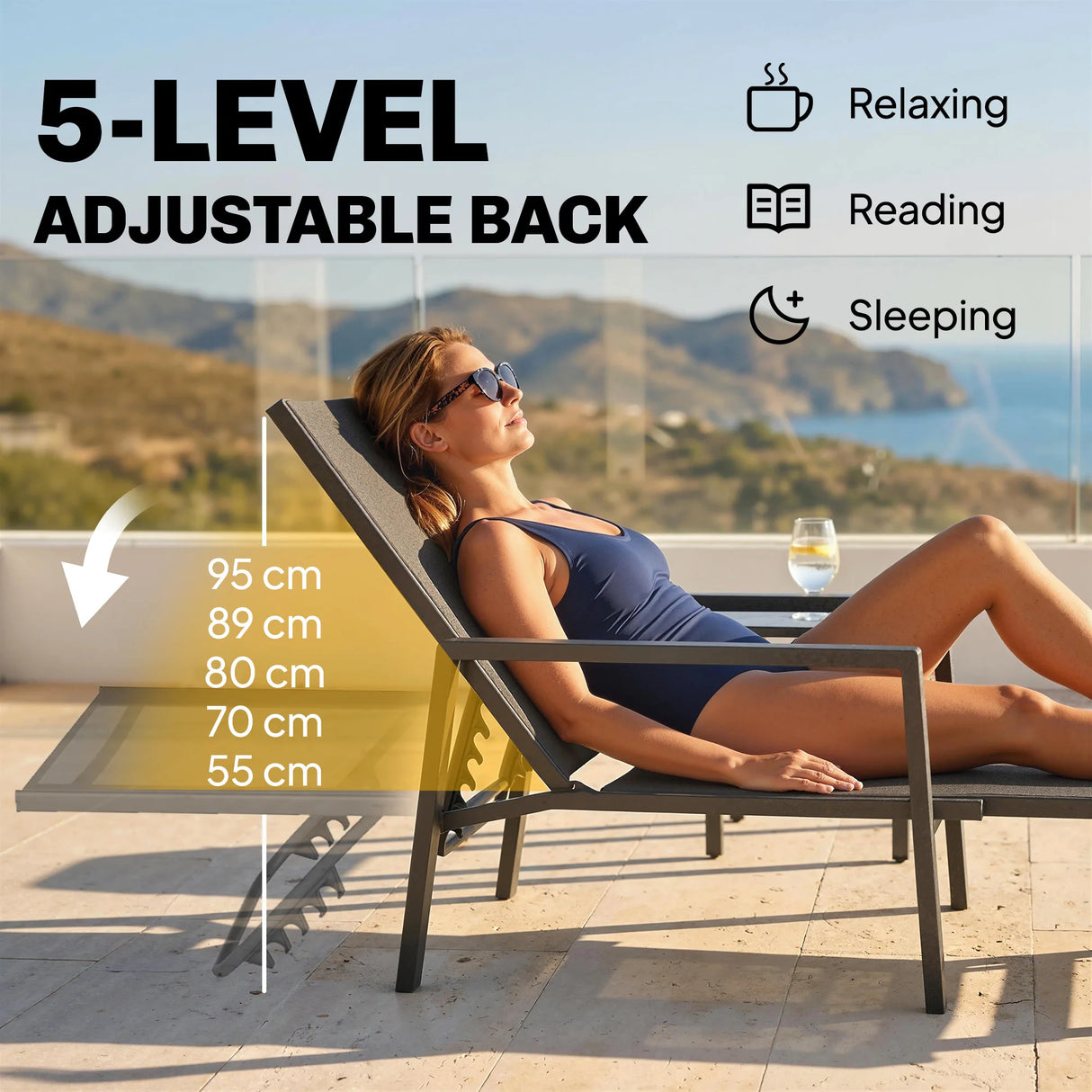 Outsunny Sun Lounger Retracable Footrest 5-Position Adjustable Steel Frame for Beach, Porch, Patio, Camping, Dark Grey