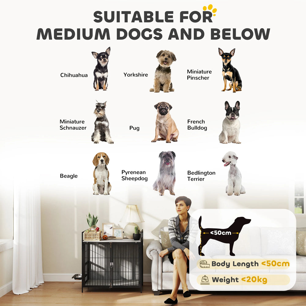 PawHut Dog Crate Furniture with Rotating Bowl Holder, 2 Bowls, 2 Doors, for Medium Dogs, 80 x 56 x 76.5 cm, Grey