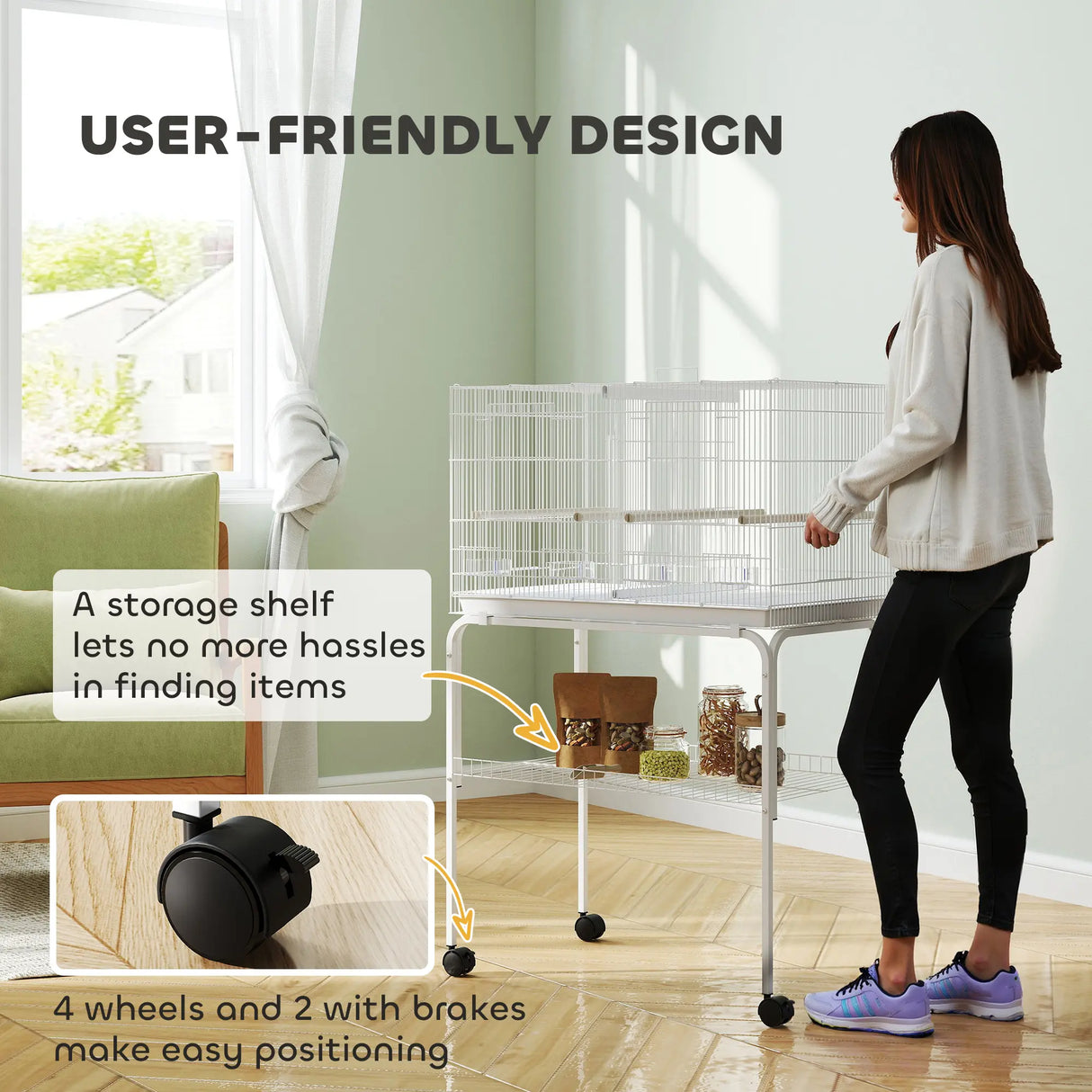 PawHut Bird Cage with Divider, 4 Wooden Perches, Slide Out Tray, 4 Feeders, for Budgie, Lovebird, Canary, 76 x 46 x 116cm White