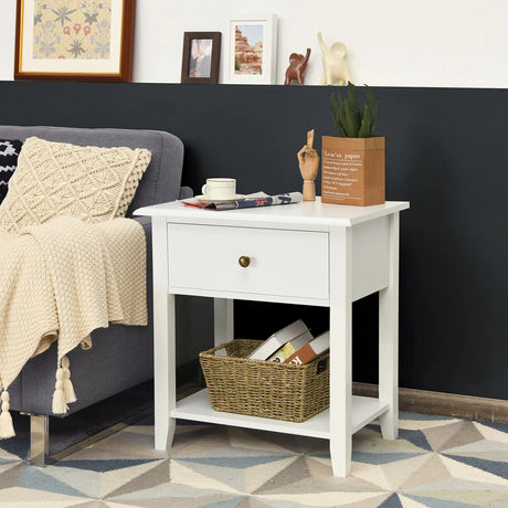 Modern Nightstand with Drawer and Shelf for Bedroom-White