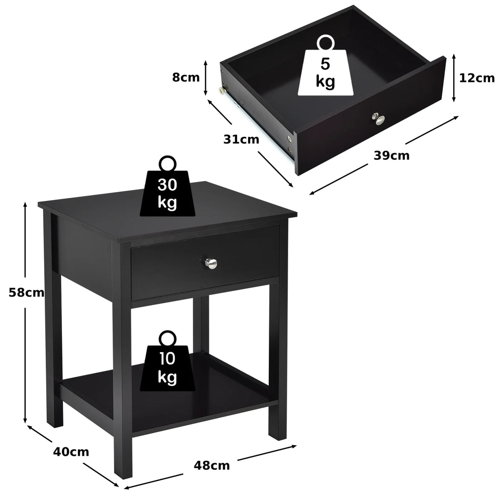2 Pcs Wooden Nightstand End Sofa Side Table with Drawer and Storage Shelf-Black