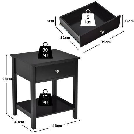 2 Pcs Wooden Nightstand End Sofa Side Table with Drawer and Storage Shelf-Black