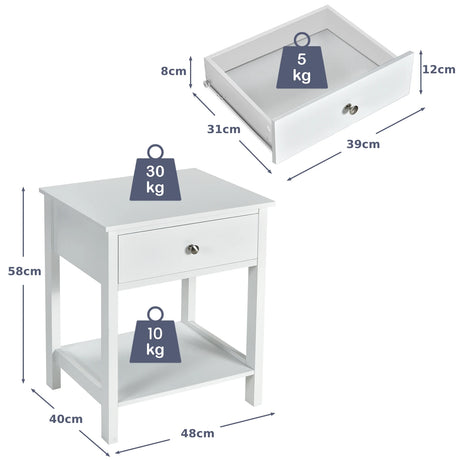 2 Pcs Wooden Nightstand End Sofa Side Table with Drawer and Storage Shelf-White