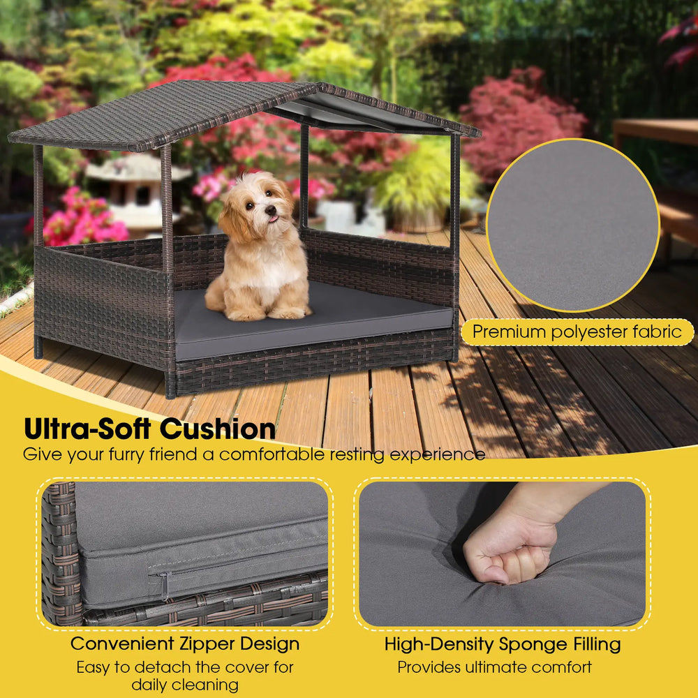 Outdoor Wicker Dog House with Weatherproof Roof-