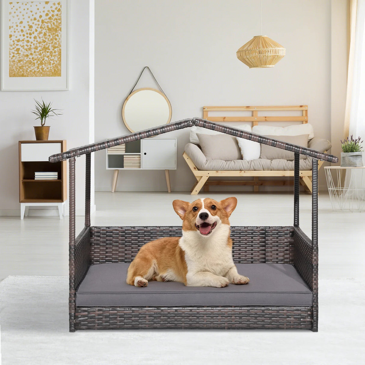 Outdoor Wicker Dog House with Weatherproof Roof-