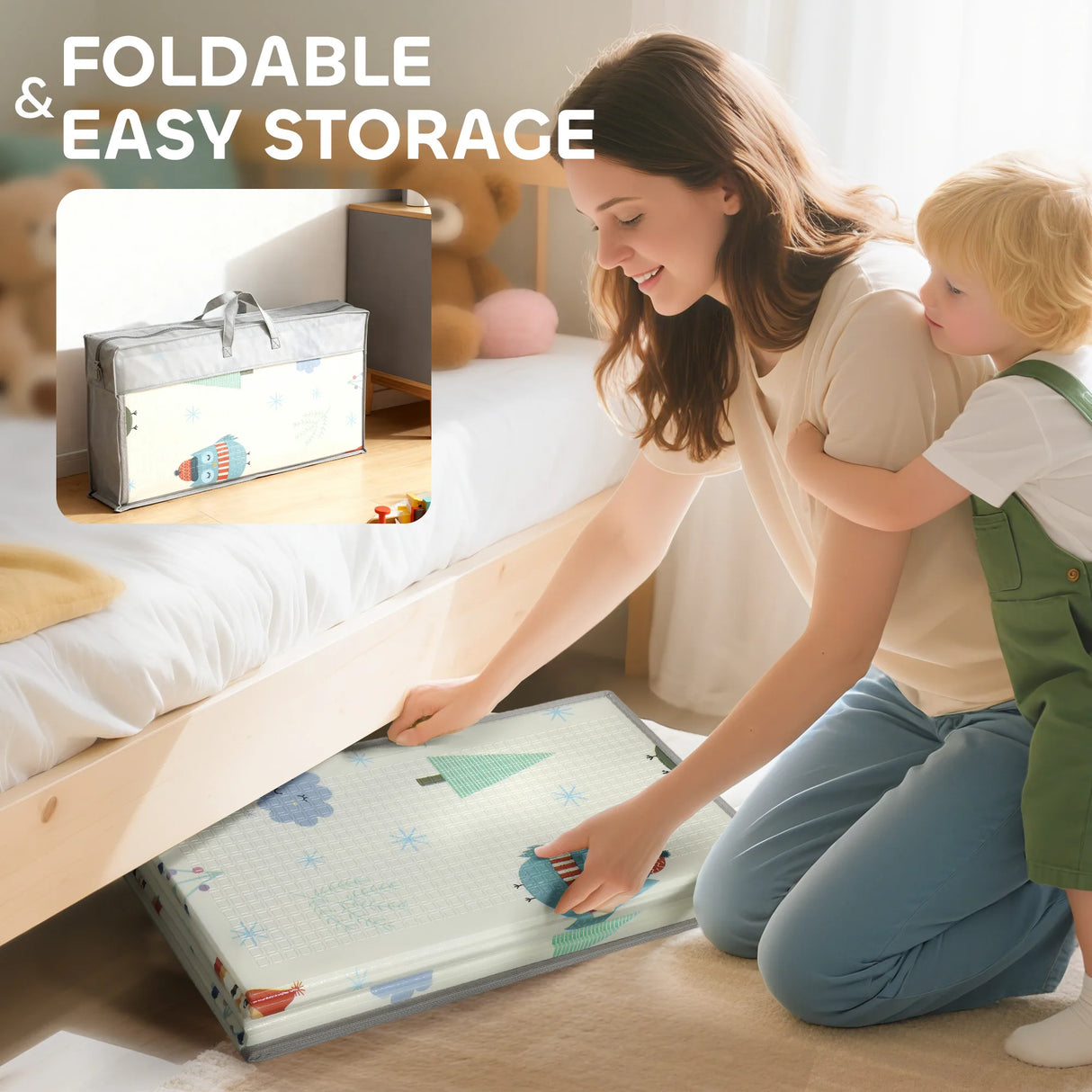 AIYAPLAY Foldable Baby Plat Mat Double Sided, Kids Floor Mat for Crawling, 195.5L x 147.5W cm, Car track and Owl Theme