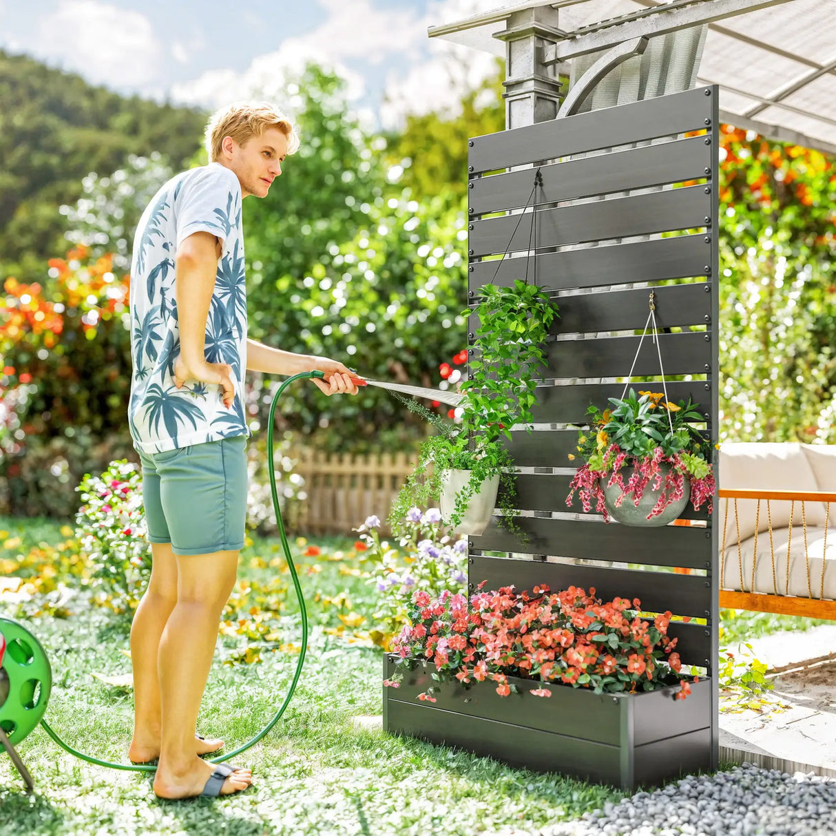 Outsunny Raised Bed for Garden, Planter with Trellis for Climbing Plants, Vines, Planter Box with Drainage Gap, Black