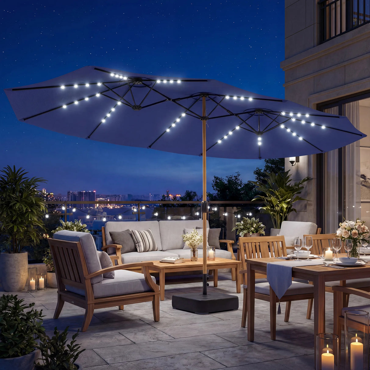 Outsunny Double Sided Garden Parasol with Base Included & 48 Solar LED Lights Patio Umbrella Crank Handle 4.6m Dark Blue