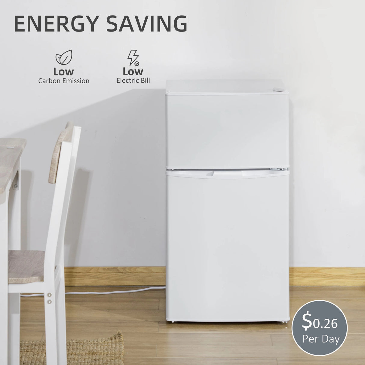 HOMCOM 88L Under Counter Fridge Freezer, Small Refrigerator with 5-Setting, 3 Star Freezer Rating, White