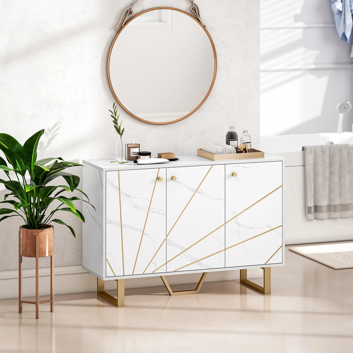 HOMCOM Sideboard Storage Cabinet, Modern Storage Cupboard with Adjustable Shelves and Metal Legs for Living Room, Kitchen, Dining Room, Entryway, White Marble Tone