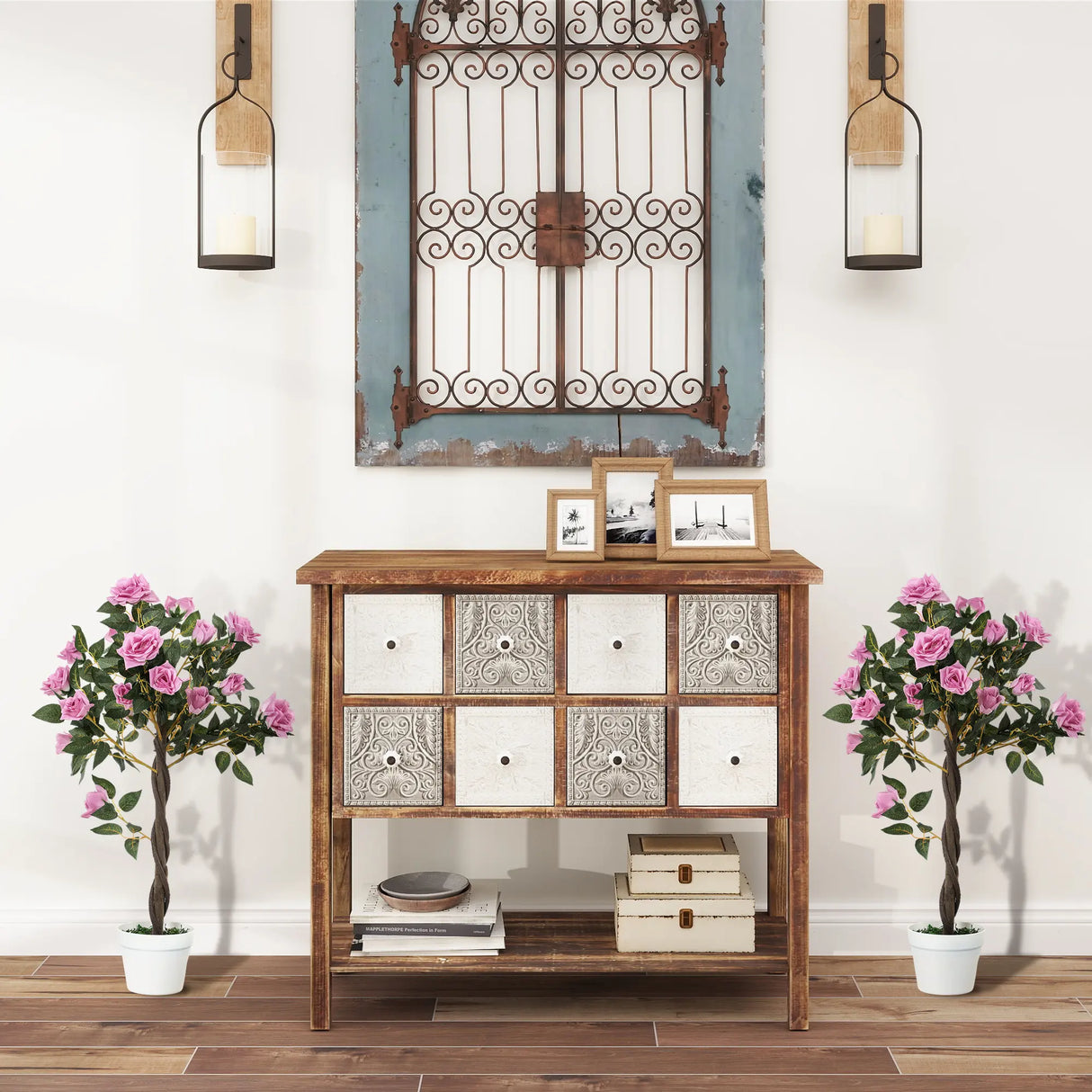 Outsunny Set of 2 Artificial Plants White Rose Floral in Pot, Fake Plants for Home Indoor Decor, 90cm, Purple