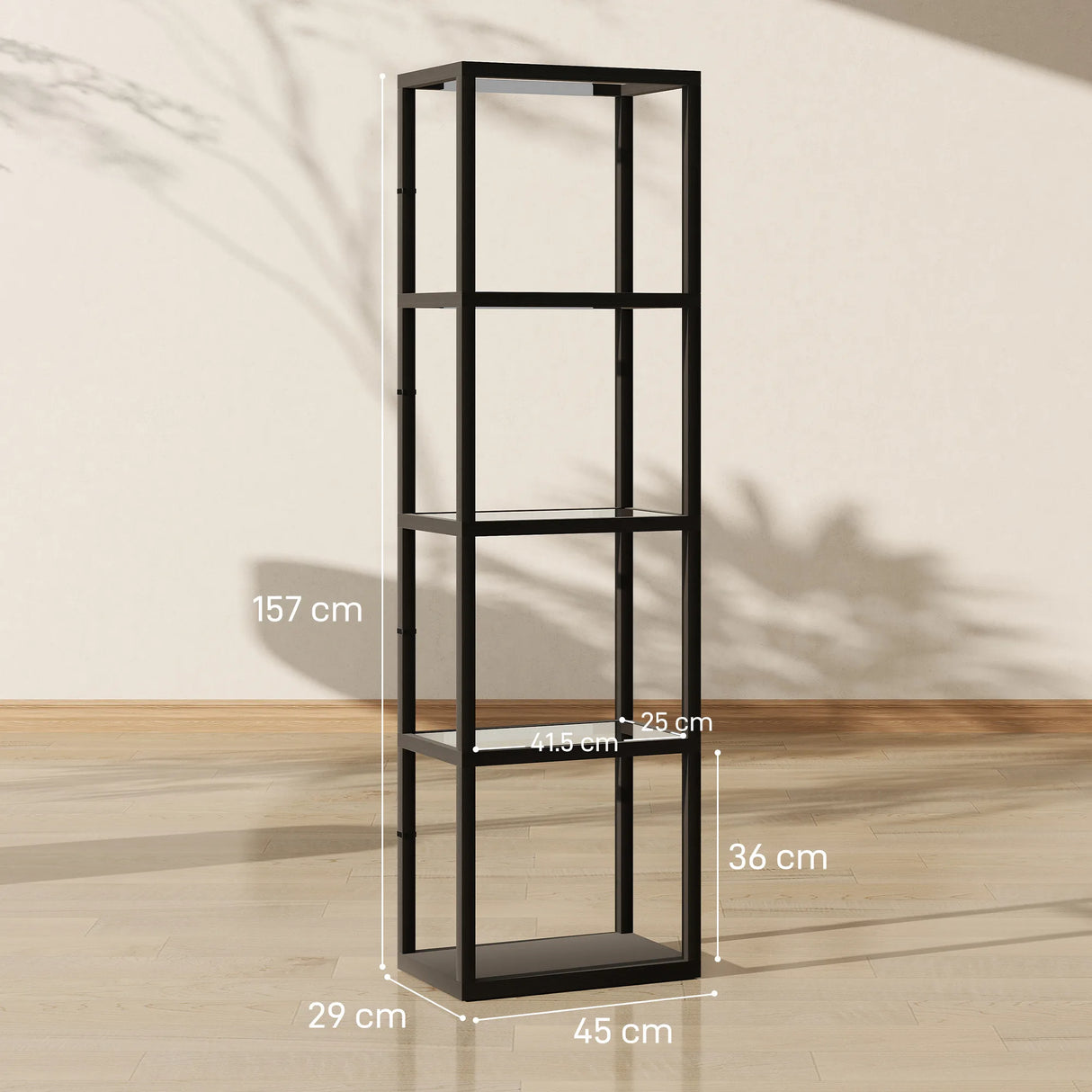 HOMCOM LED Floor Lamp with Glass Shelves, 4 Layers Dimmable Tall Standing Lamp, Modern Column Shelf Floor Light for Living Room, Bedroom, Office, Black