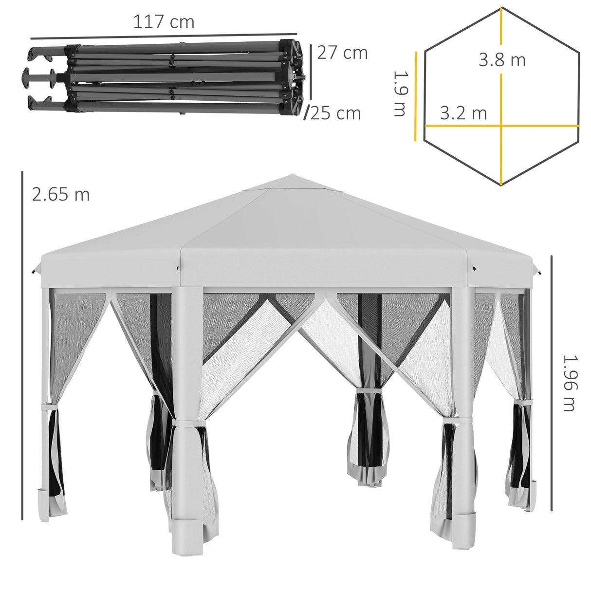 Outsunny 3.2m Pop Up Gazebo Hexagonal Canopy Tent Outdoor Sun Protection with Mesh Sidewalls, Handy Bag, Light Grey