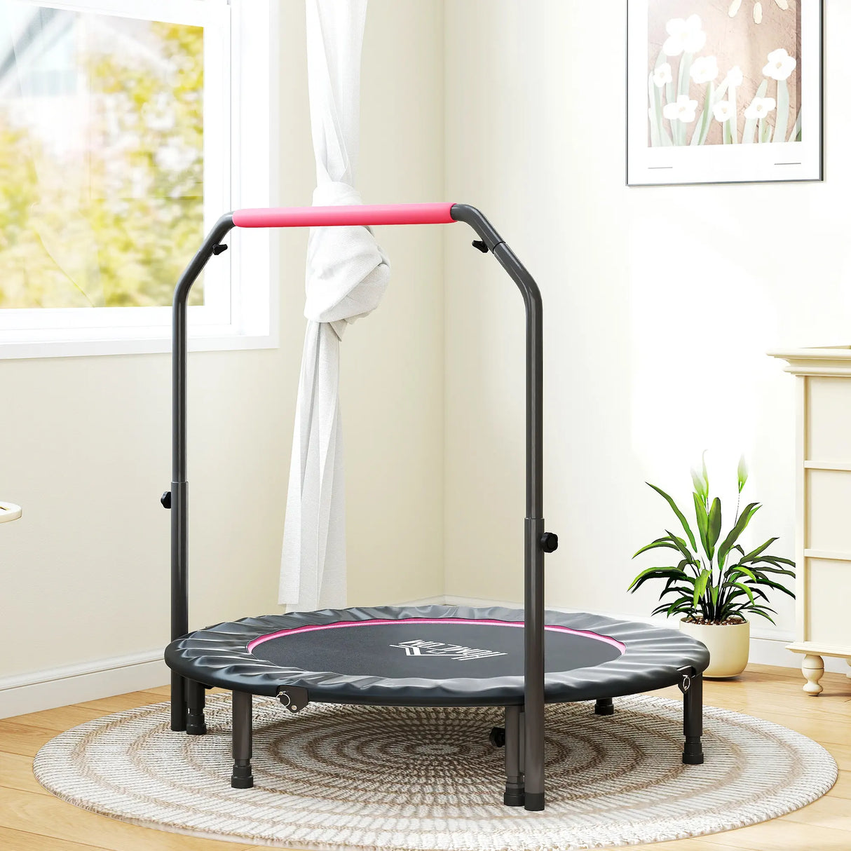 HOMCOM 48" Foldable Mini Fitness Trampoline, with Adjustable Foam Handle, Pink