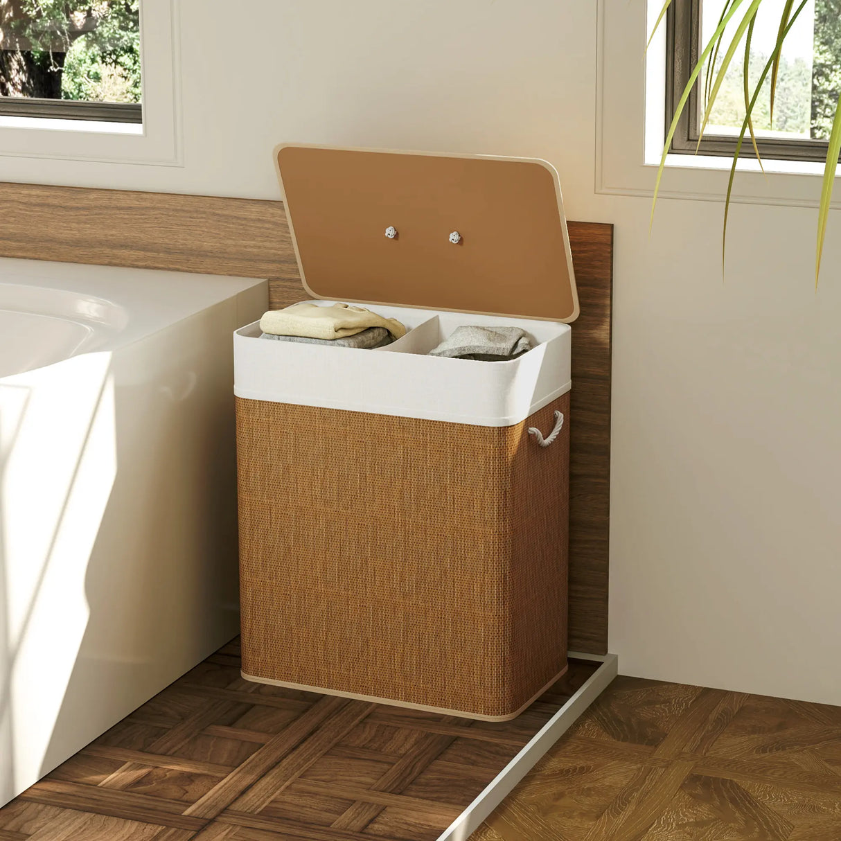 HOMCOM Double Laundry Basket with Lid, 100L Bamboo Laundry Hamper with Rope Handles, Washing Basket with Removable Liner for Bathroom, Bedroom, Brown