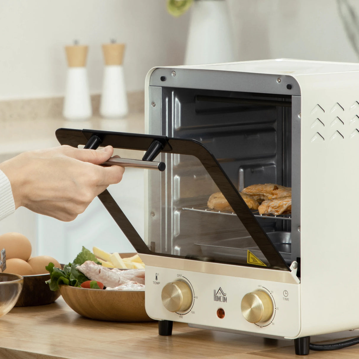 HOMCOM Mini Oven, 15 Litres Electric Oven and Grill with 60-230 Adjustable Temperature, 60 Minute Timer, Include Baking Tray, Wire Rack and Crumb Tray, 1000W, Cream White