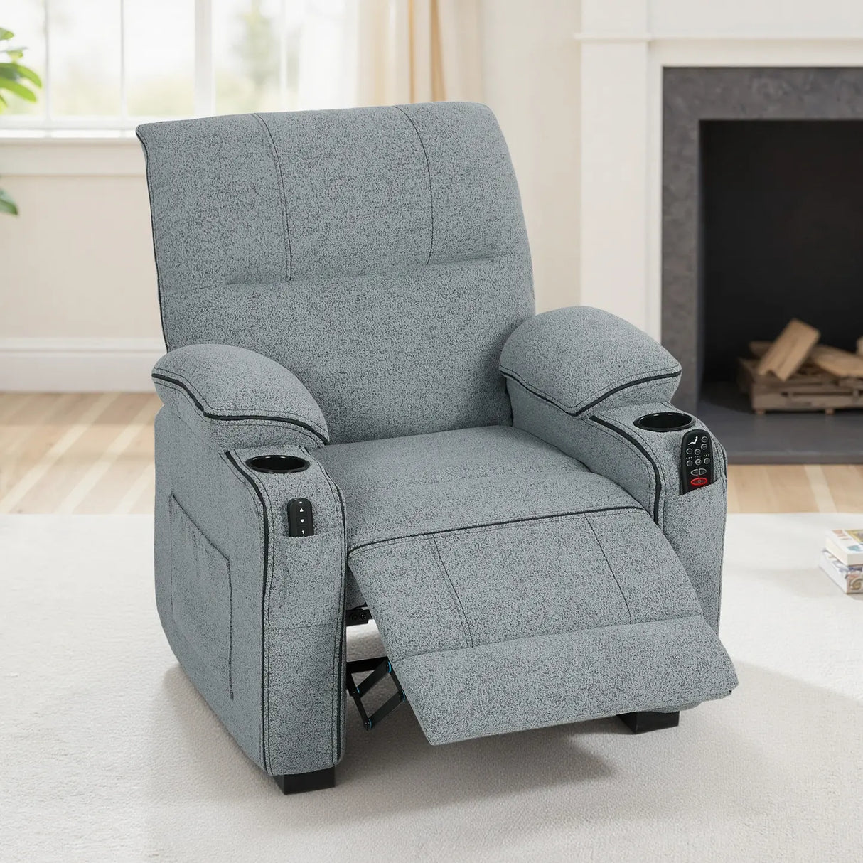 HOMCOM Electric Massage Recliner Armchair with Vibration, Heat, Whisper-Quiet Motor, Memory Function, Velvet Power Reclining Chair with Spring Pack, USB Port, Footrest, Side Pocket, Cup Holders, Grey