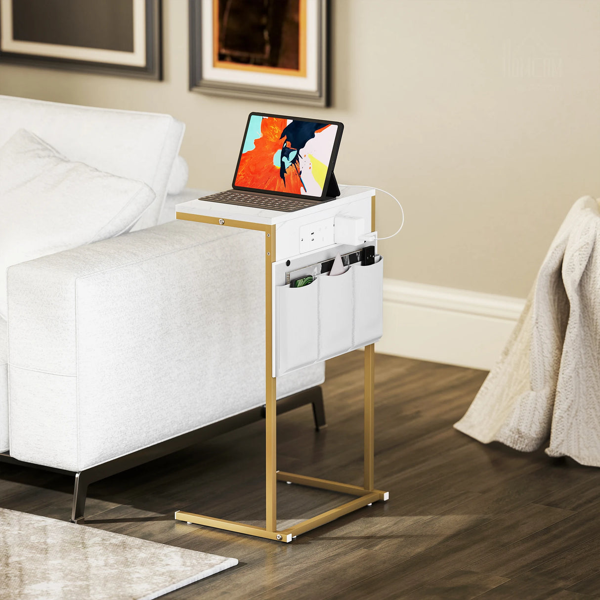 HOMCOM C-Shaped Bedside Table with Charging Station, Marble Grain Side Table with Power Outlets & USB Ports, Storage Bags, for Bedroom, Living Room, White
