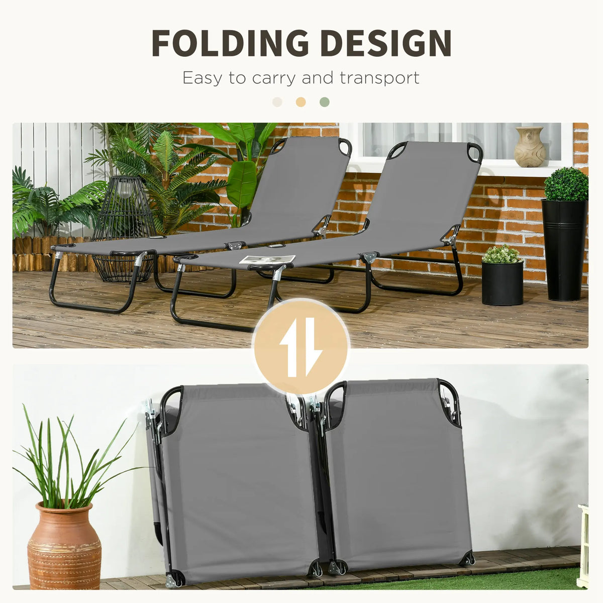 Outsunny Folding Sun Loungers Set of 2, Outdoor Day Bed with 5-Position Adjustable Backrest, Portable Recliner Garden Chairs with Breathable Mesh for Beach, Patio, Dark Grey