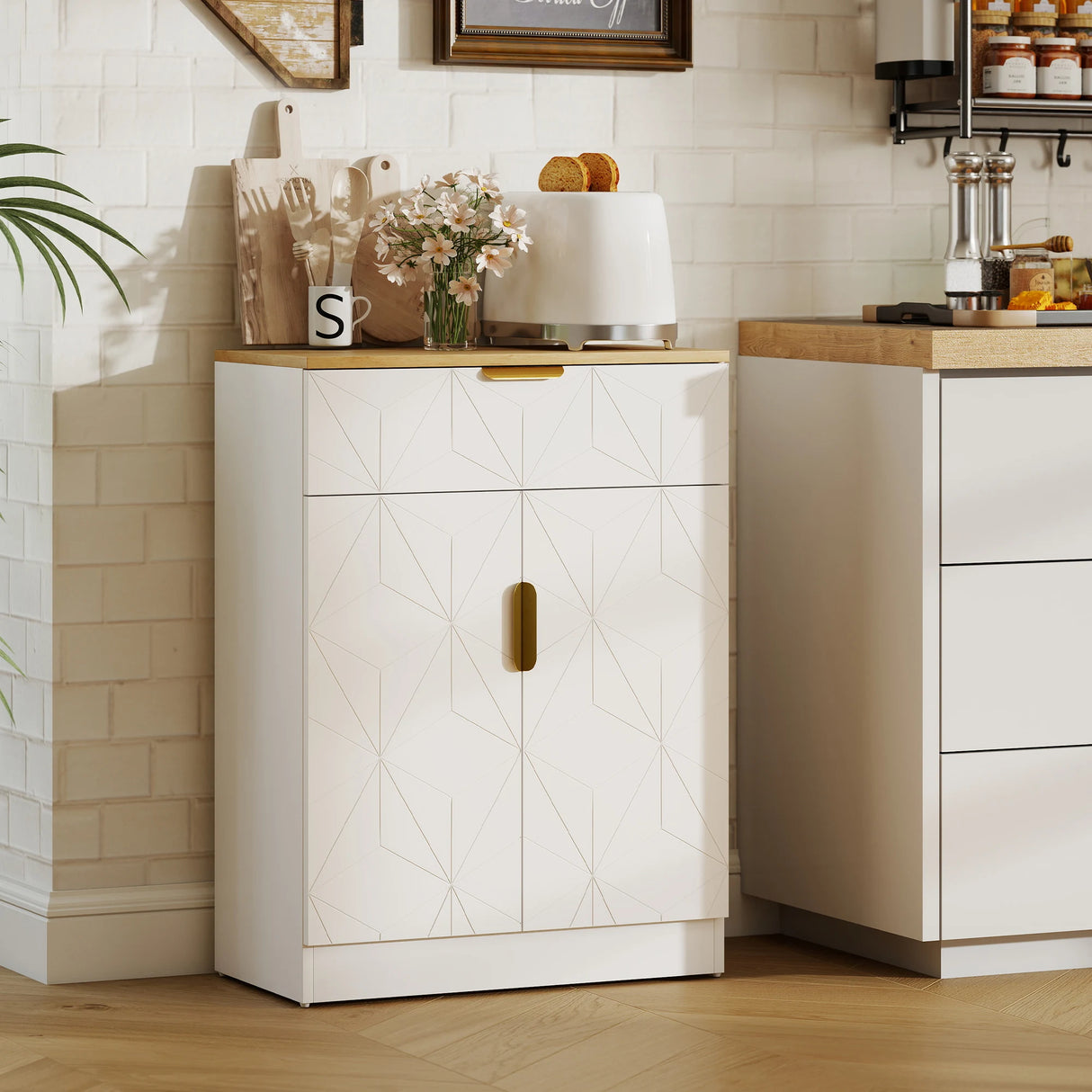 HOMCOM Sideboard Storage Cabinet, Modern Storage Cupboard with Drawer and Adjustable Shelf for Living Room, Kitchen, Dining Room, Entryway, White