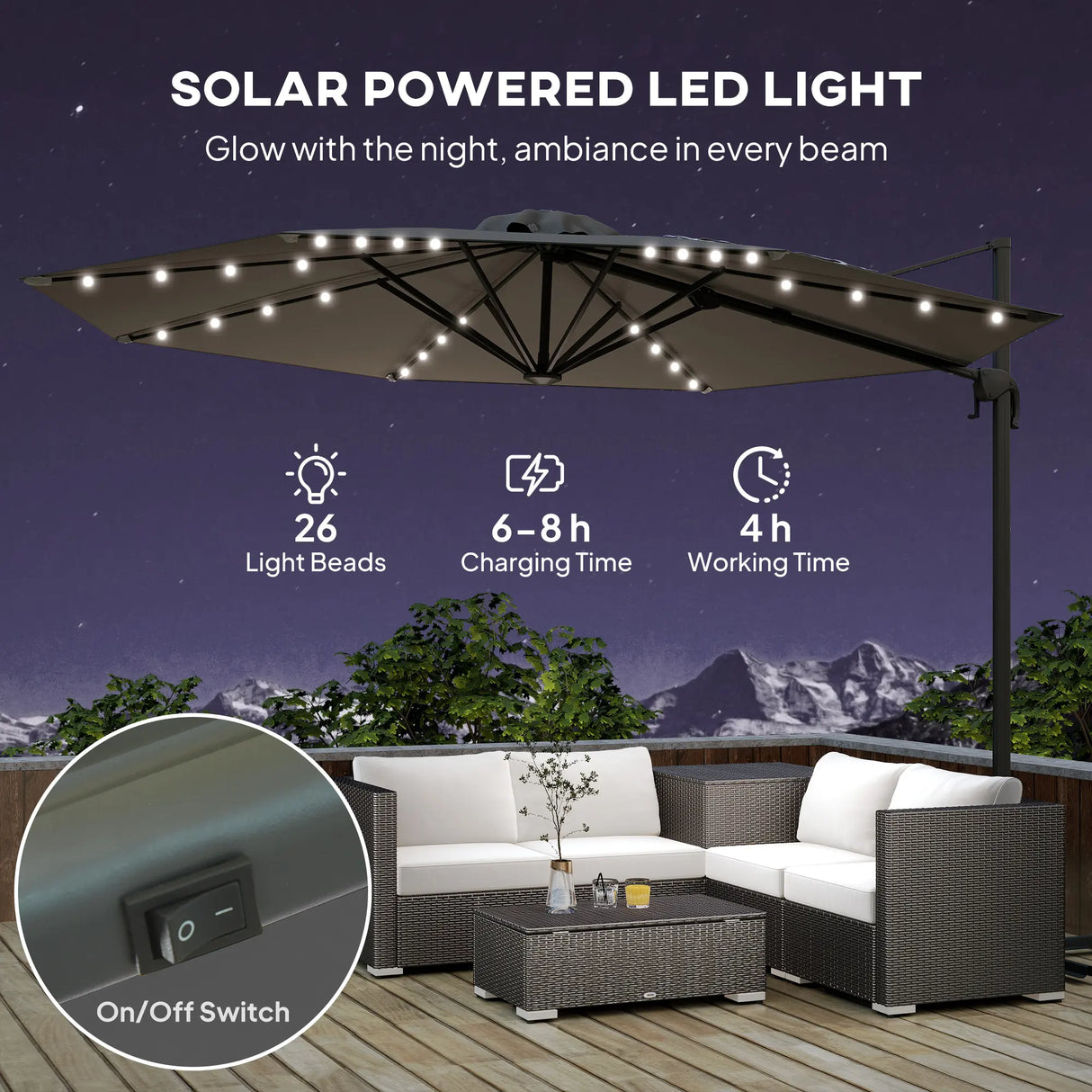 Outsunny 3(m) Cantilever Roma Parasol Patio Sun Umbrella with Crank & Tilt LED Solar Light Cross Base 360 Rotating Outdoor, Dark Grey