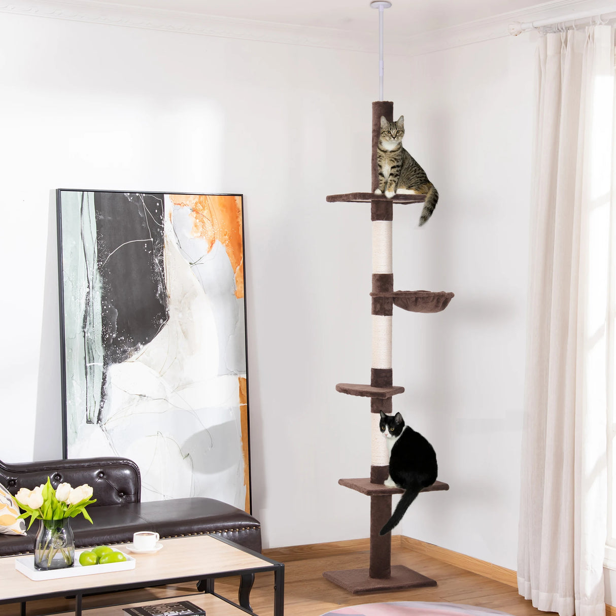 PawHut Floor to Ceiling Cat Tree Height Adjustable 230-260cm, 5-Tier Cat Tower with Scratching Post, Hammock, Perches, Climbing Activity Centre for Indoor Kittens, Brown
