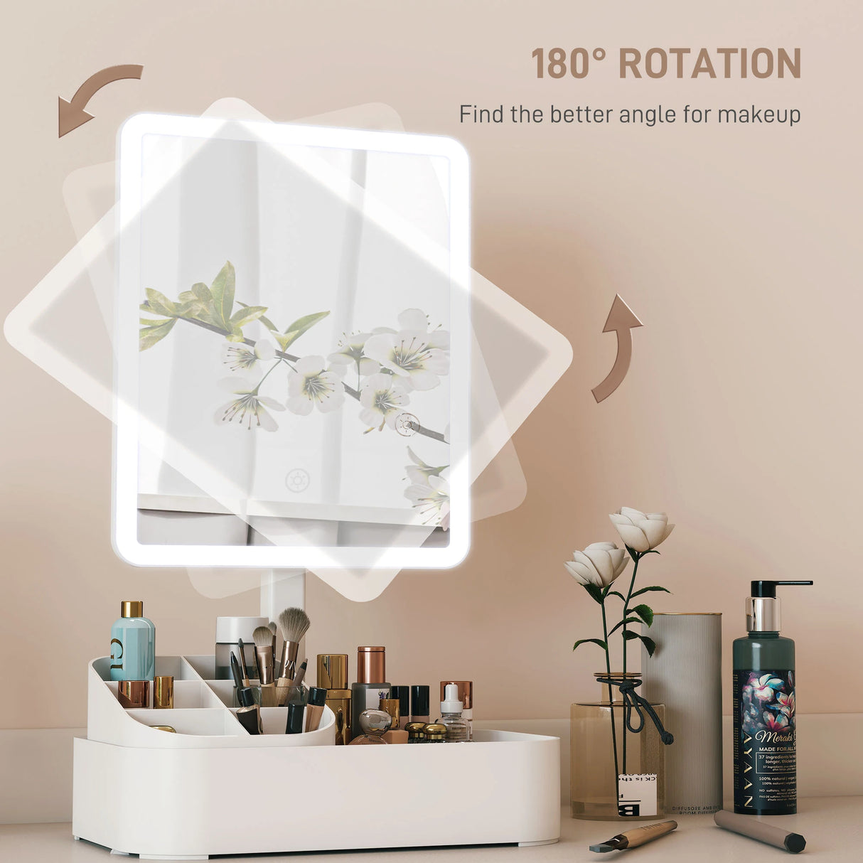 HOMCOM Makeup Mirror with Lights, Rechargeable Vanity Mirror w/ Touch Screen, 2 Lighting Modes and 180 Rotation, White