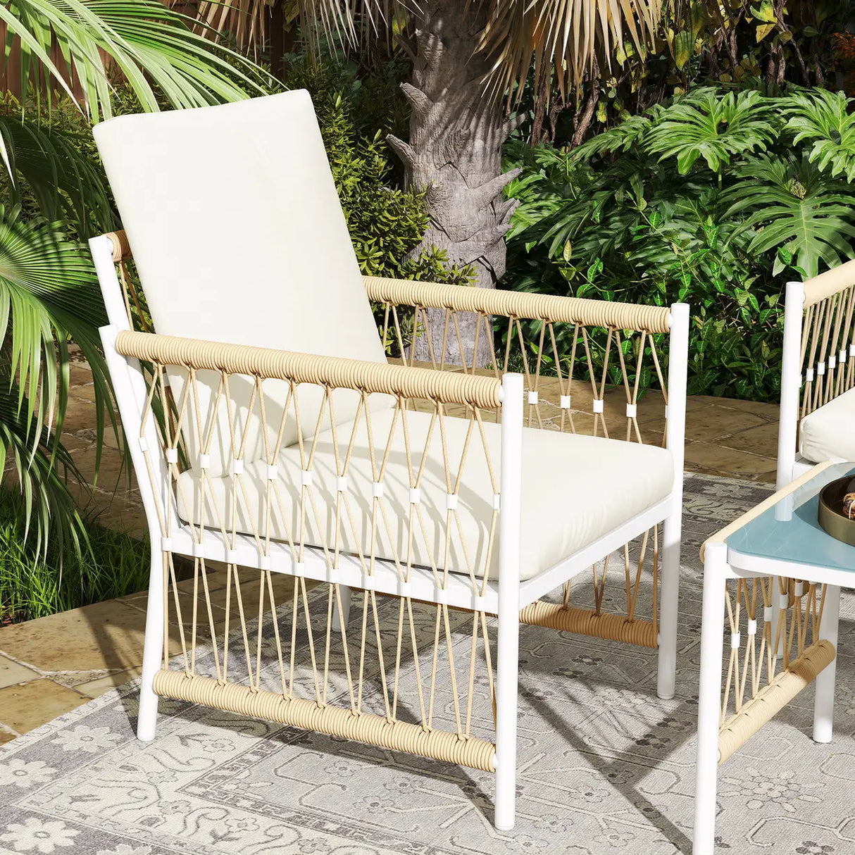 Outsunny 4 Piece Rattan Garden Furniture Set, 4 Seater Wicker Patio Conversation Set with 2 Armchairs, Loveseat, Glass Top Coffee Table and Cushions for Outdoor, Balcony, Khaki