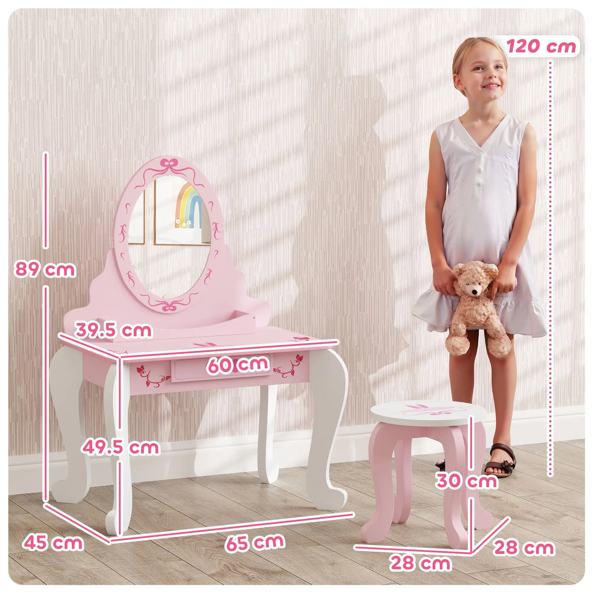 AIYAPLAY Kids Dressing Table Set, Vanity Table with Stool, Mirror, Drawer, Desktop, Storage, Ballet-Theme, Pink