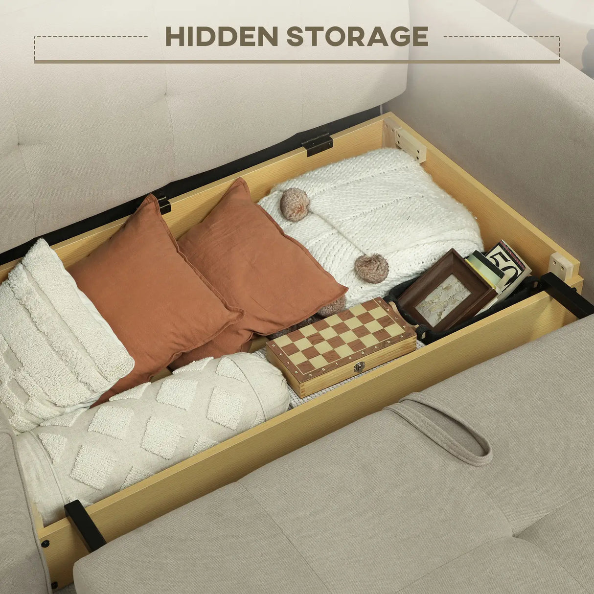 HOMCOM 2 Seater Sofa Bed, Convertible Bed Settee, Modern Velvet Loveseat Sofa Couch with 2 Cushions, Hidden Storage for Living Room, Guest Room, Light Brown