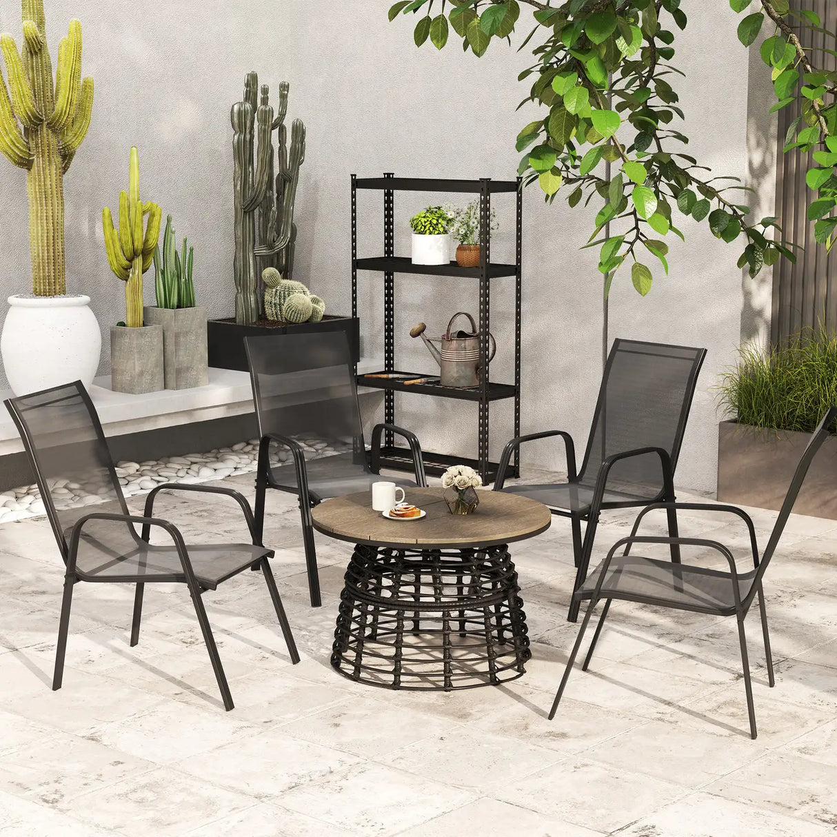 Outsunny Set of Four Stackable Mesh Seat Chairs - Black