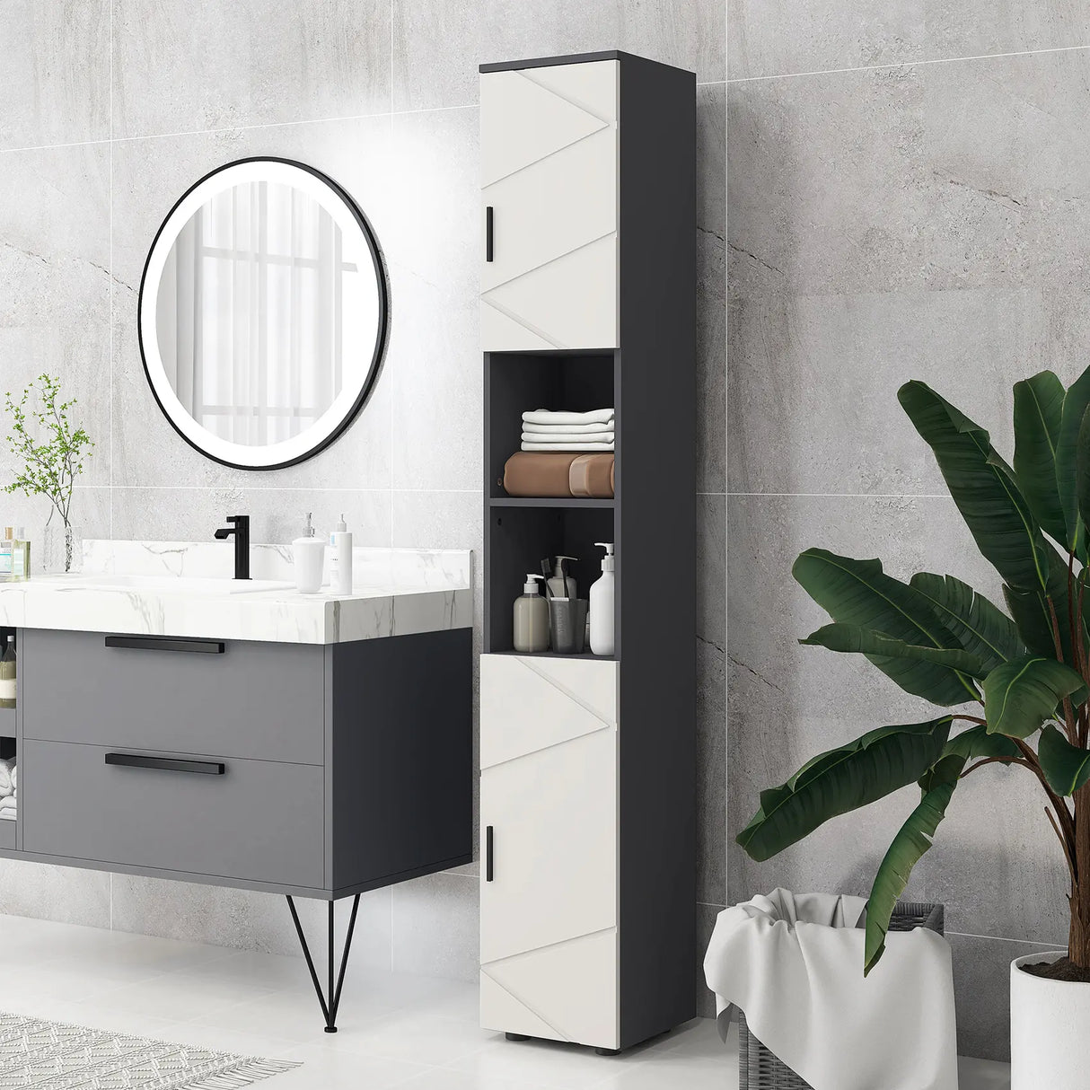 kleankin Line Embossed Tall Bathroom Storage Cabinet - Grey