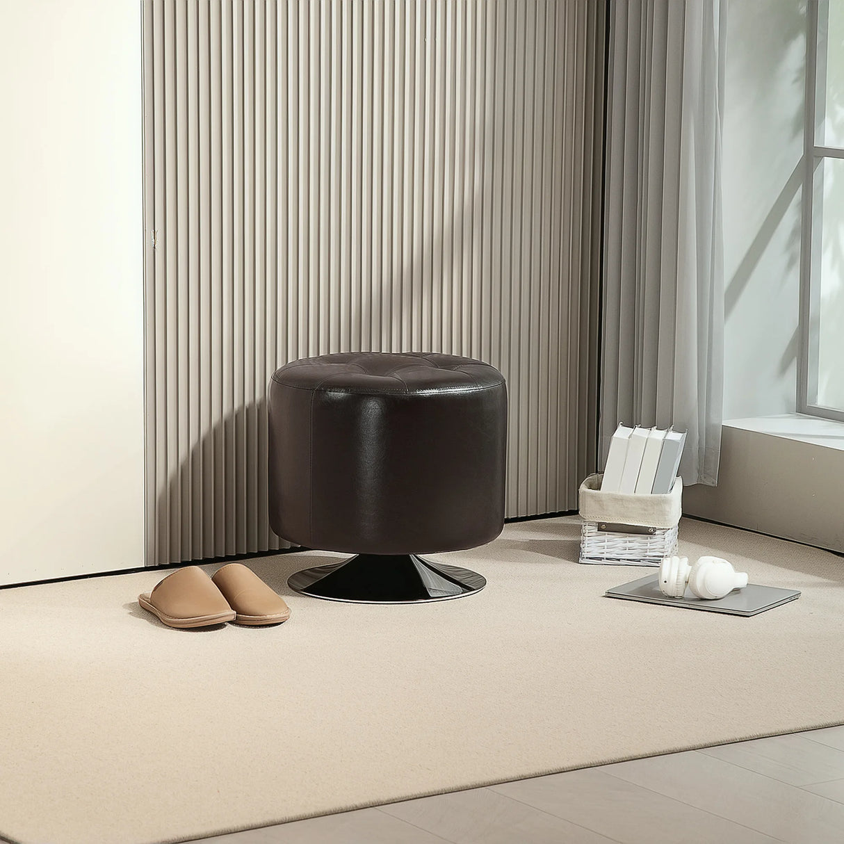 HOMCOM 360 Swivel Foot Stool Round PU Footstool with Thick Sponge Padding and Solid Steel Base, Brown