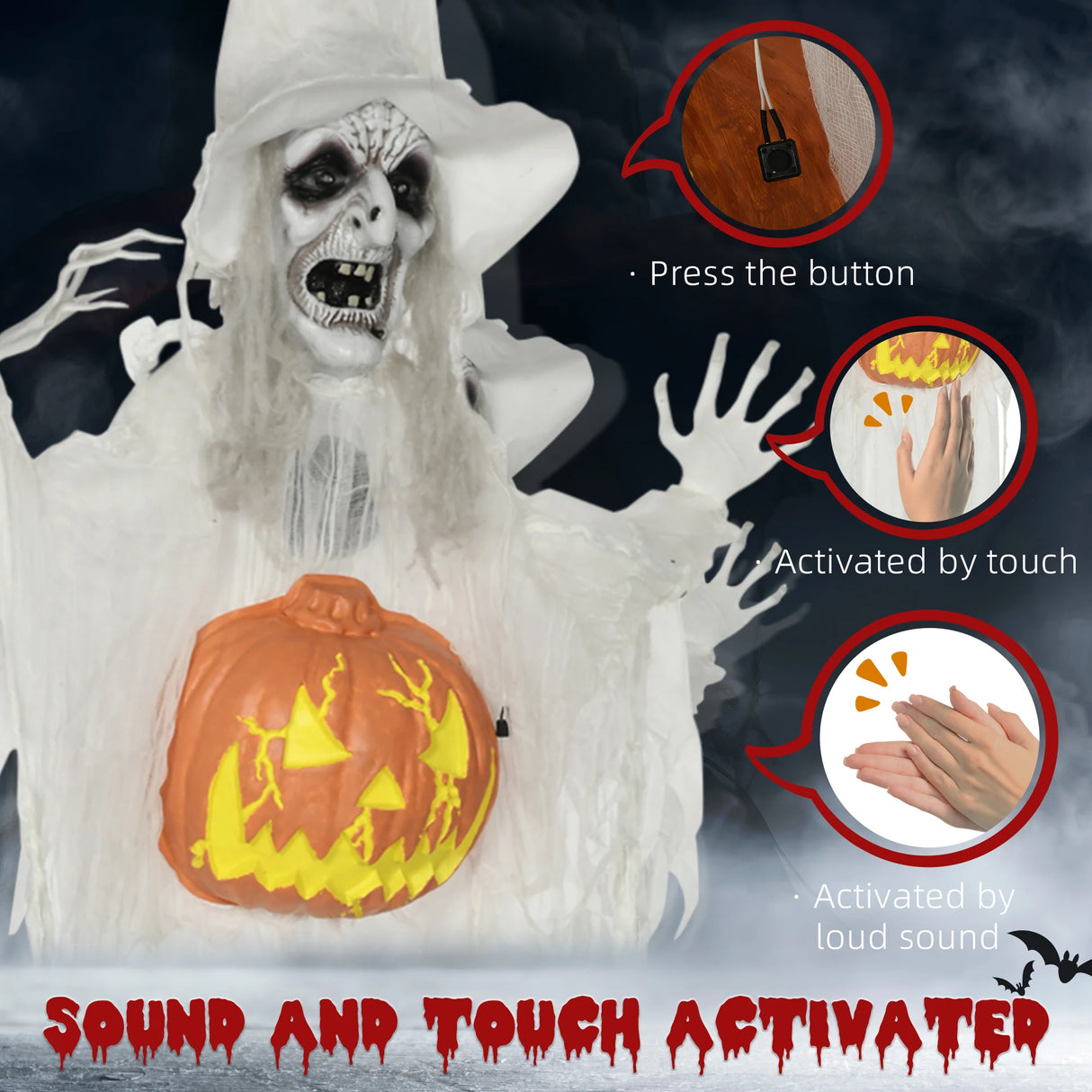 HOMCOM 6ft Outdoor Halloween Decoration Witch with Pumpkin, Hanging Skeleton Witch Prop Life Size with Sound and Motion Activated, Light Up Eyes, Laughing Sound, Posable Arms, White
