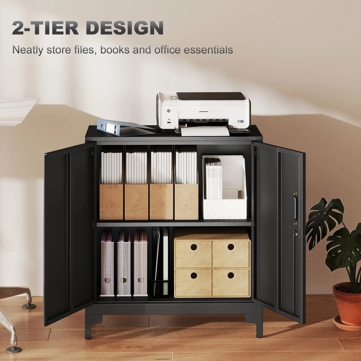 HOMCOM Lockable Metal Filing Cabinet, 2-Tier Storage Cupboard with Double Doors, Modern Office Organiser, Black