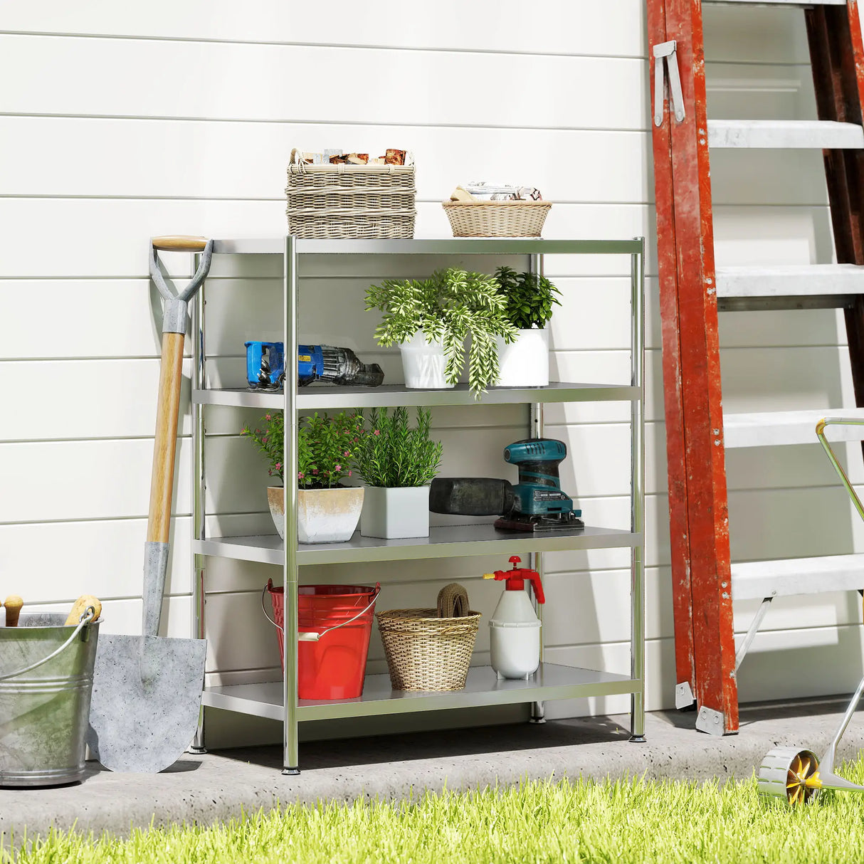 HOMCOM 4-Tier Bakers Rack with Storage, Stainless Steel Microwave Stand with Adjustable Shelves for Small Spaces, Kitchen Storage Unit for Spices, Pots and Pans, Silver Tone