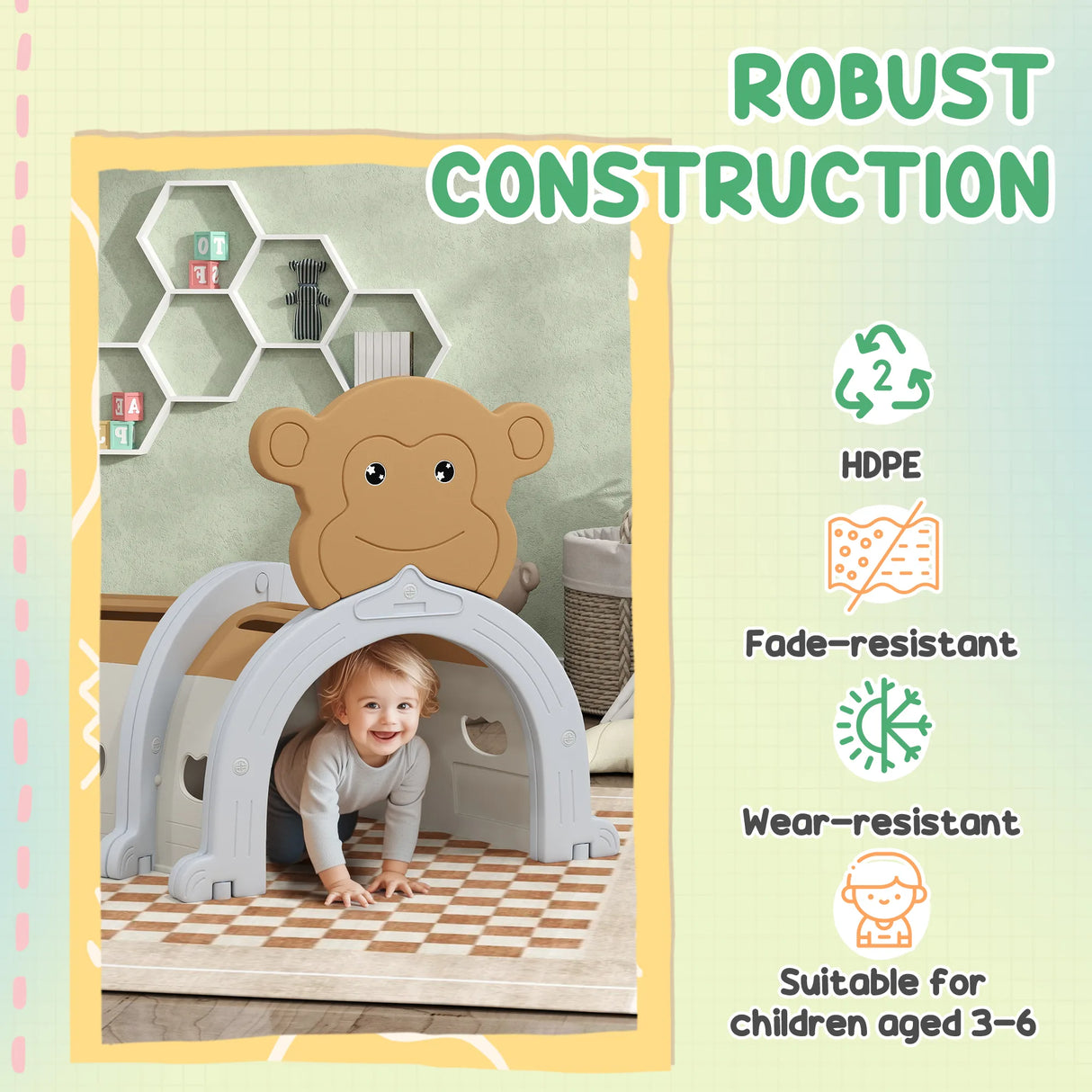 AIYAPLAY Monkey-Design Kids Play Tunnel for Crawling, Climbing, for ages 3-6 Years, Brown