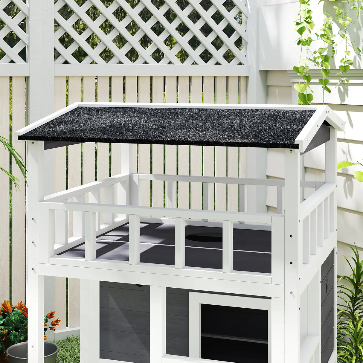 PawHut Wooden Outdoor Cat House, 3-Tier Cat Shelter with Tilted Roof, Terrace, Jump Step, Bottom Tray and Elevated Base, Waterproof Paint, Grey