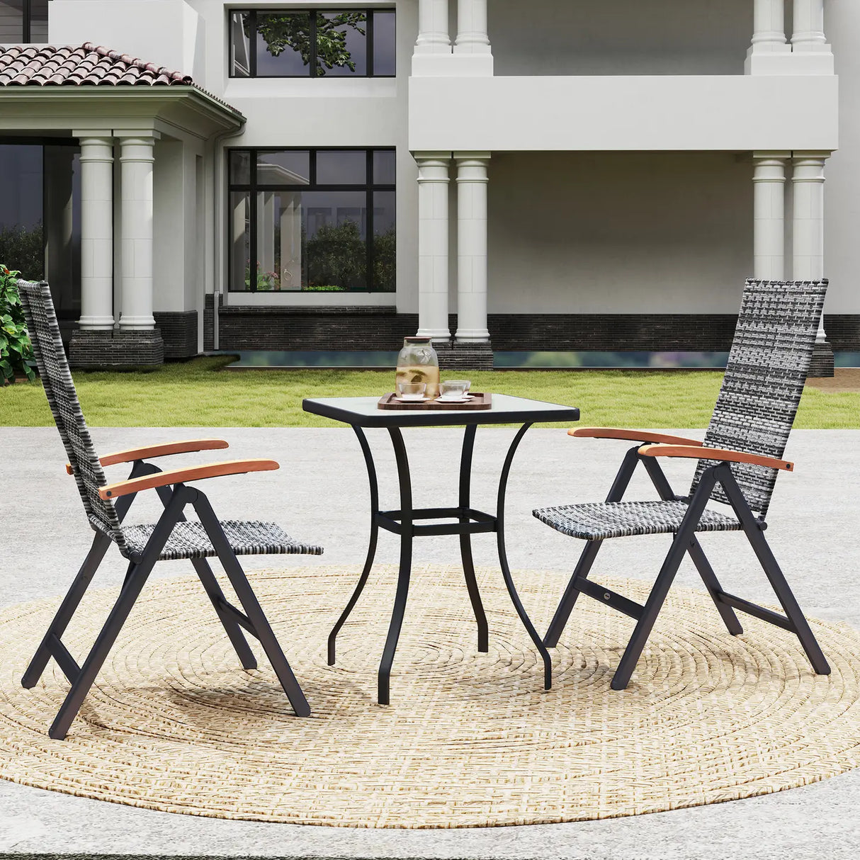 Outsunny 2 Pieces Folding Rattan Garden Dining Chairs with 5-level Reclining High Back, Wood Armrests for Outdoor - Light Grey