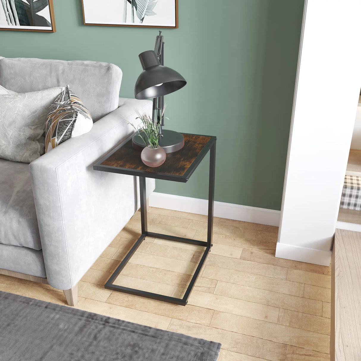 HOMCOM C-Shaped Side Table, Bedside Table with Metal Frame, Accent Sofa Couch Table for Living room, Bedroom, Brown and Black