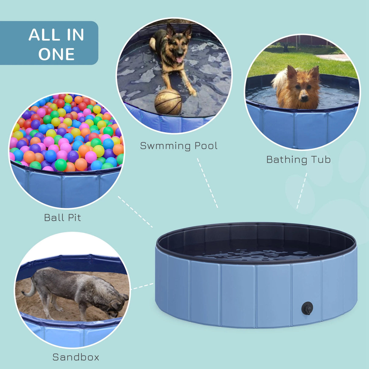 PawHut Dog Paddling Pool, Foldable Dog Pool, Leakproof & Hard Plastic, Portable Pet Bathtub with Non-Slip Base & Drainage Hole, for Indoors, Outdoors, Garden, Patio, 100 x 30 cm, Blue