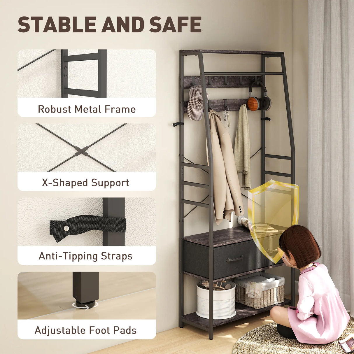 HOMCOM Coat Rack with Shoe Storage, Hall Tree, Industrial Coat Stand with Shoe Bench, 10 Removable Hooks, 2 Fabric Drawers and Clothes Rail for Entryway, Hallway, Grey