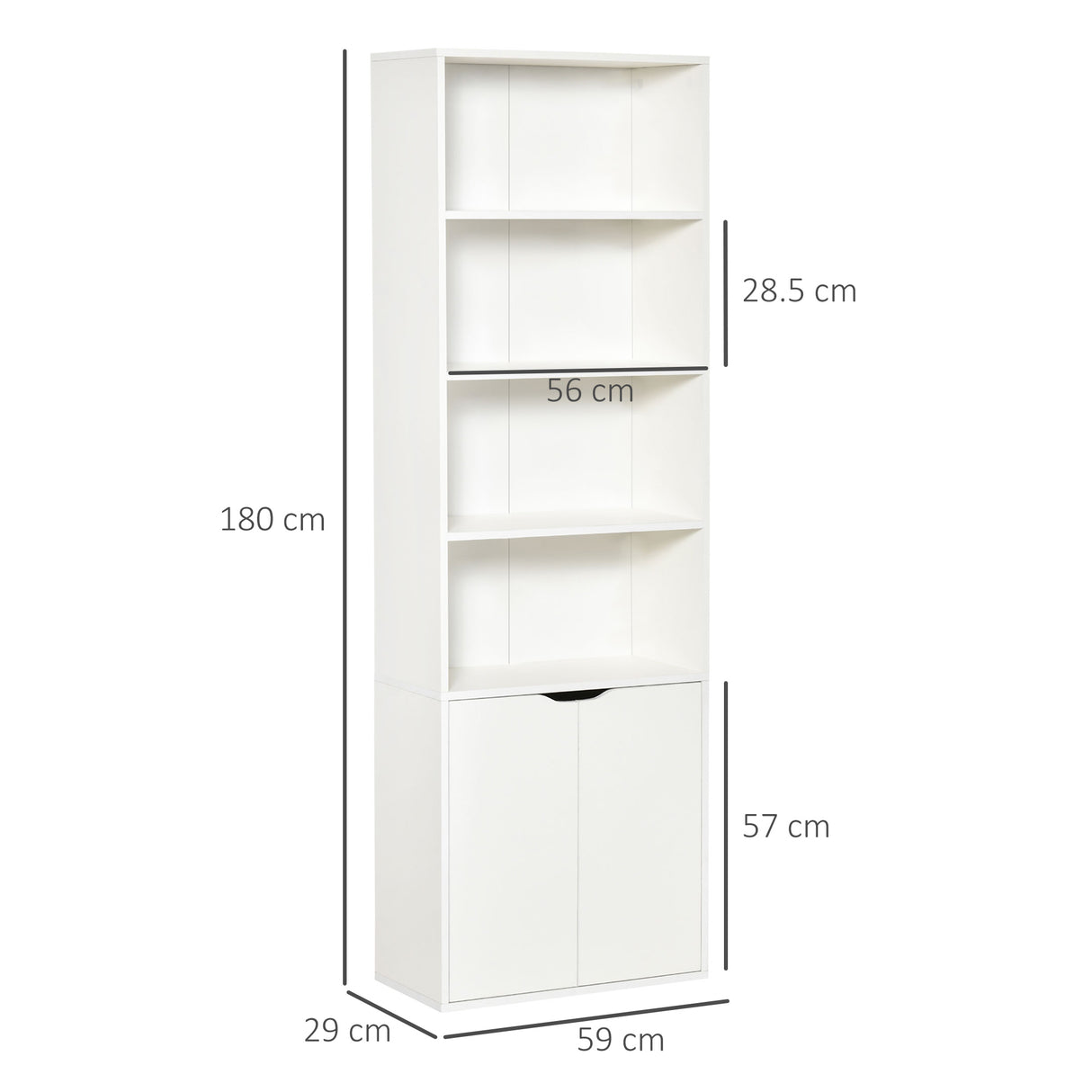 HOMCOM 6-Tier Tall Bookcase, Bookshelf with 4 Open Shelves and Double Door Storage Cabinet, Freestanding Display Rack for Living Room, Bedroom, Home Office, Study, 59 x 29 x 180cm, White