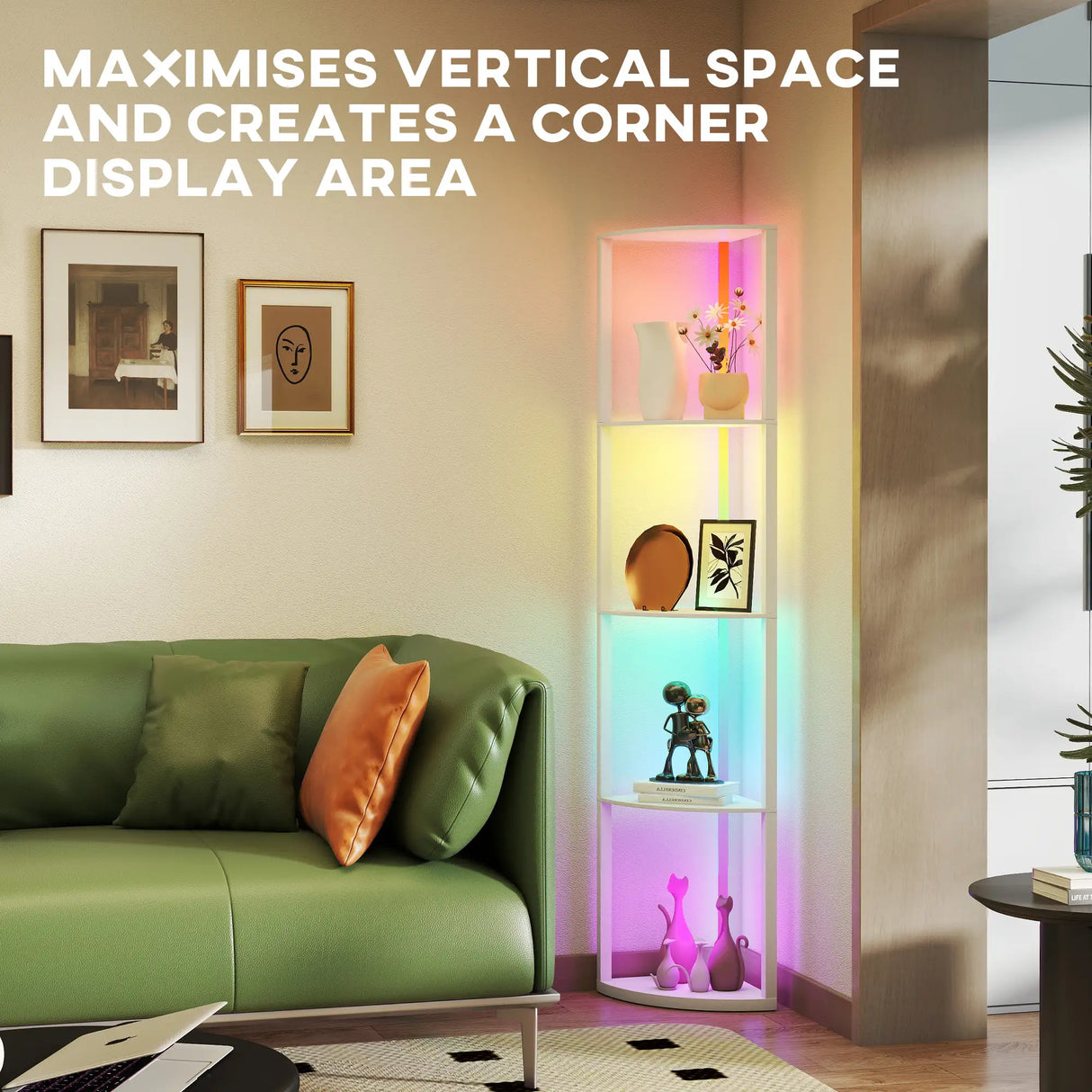 HOMCOM RGB LED Floor Lamp with Shelves, 5-Tier Dimmable Standing Lamp with Adjustable Brightness and Remote Control, Modern Corner Display Shelf Unit for Living Room Bedroom Office, White