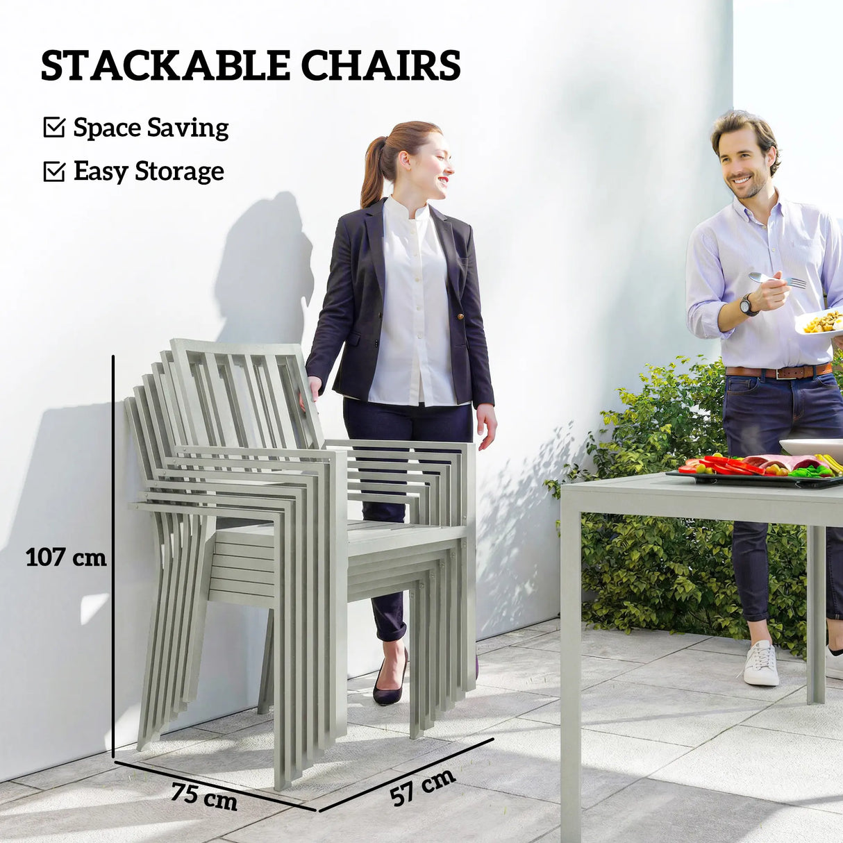 Outsunny Garden Table and Chairs for 6, 7 Pieces Garden Furniture Set with Table, 6 Stackable Chairs and Umbrella Hole Light Grey