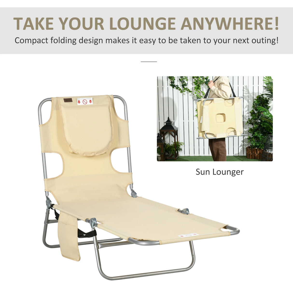 Outsunny Foldable Sun Lounger, Beach Chaise Lounge with Reading Hole, Arm Slots, 5-Position Adjustable Backrest, Side Pocket, Pillow for Garden, Beach, Pool, Beige