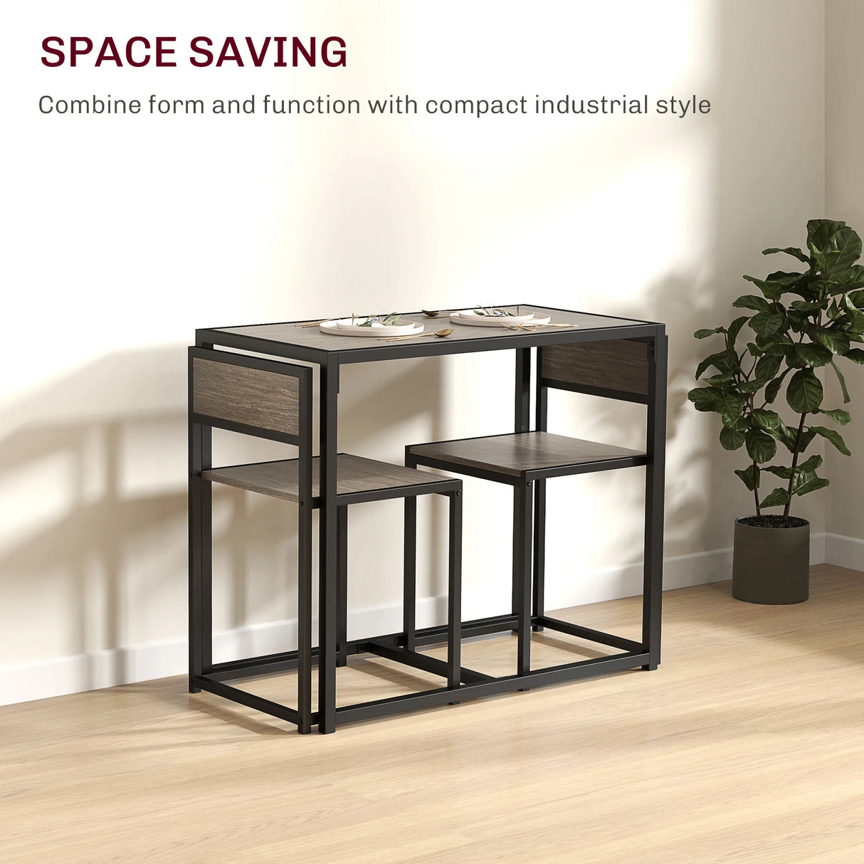 HOMCOM Dining Table and Chairs Set 2, Dining Room Sets, Rectangular Space Saving Table and 2 Chairs for Compact Kitchens, Steel Frame, Grey Wood-Effect