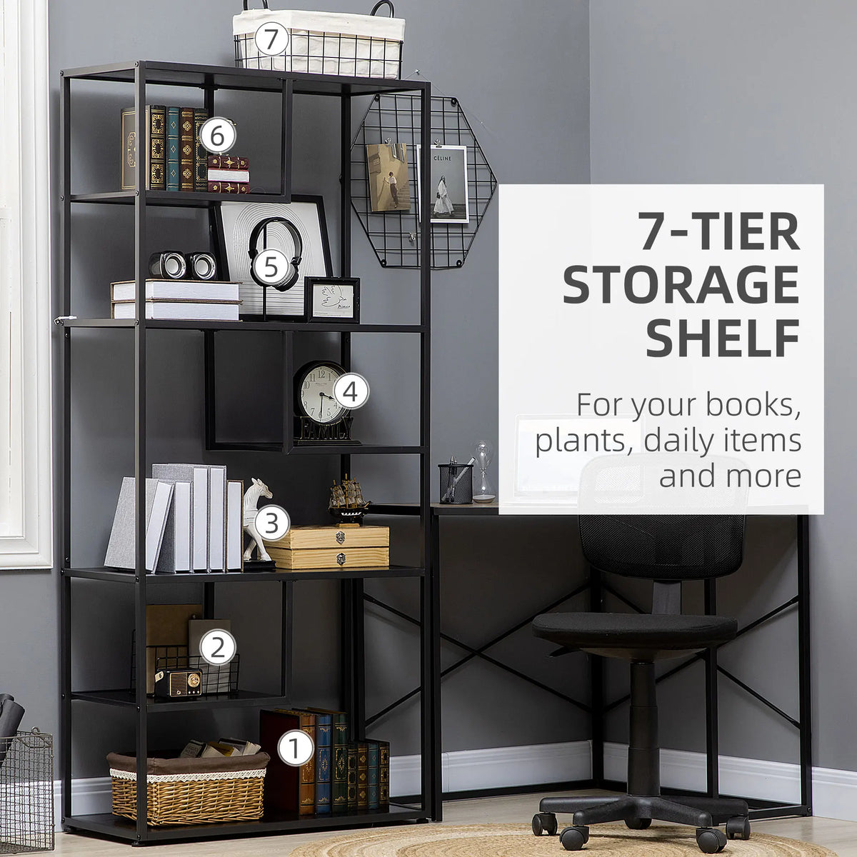 HOMCOM Industrial Accent Display Rack 7 Tier Bookcase, Display Rack for Living Room, Office, Bedroom, Black