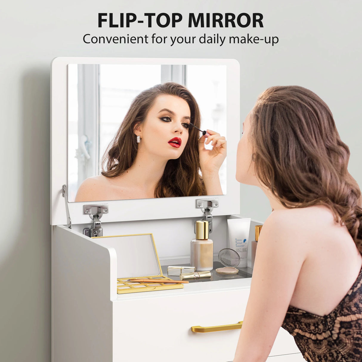 HOMCOM 3 in 1 Dressing Table with Flip-top Mirror and Rolling Stool, Modern Vanity Desk with Visible Glass Tabletop, Drawers and Side Hook, Makeup Table with Cushioned Storage Stool for Bedroom, White